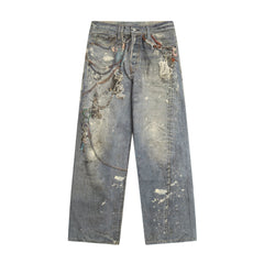Art print loose denim pants