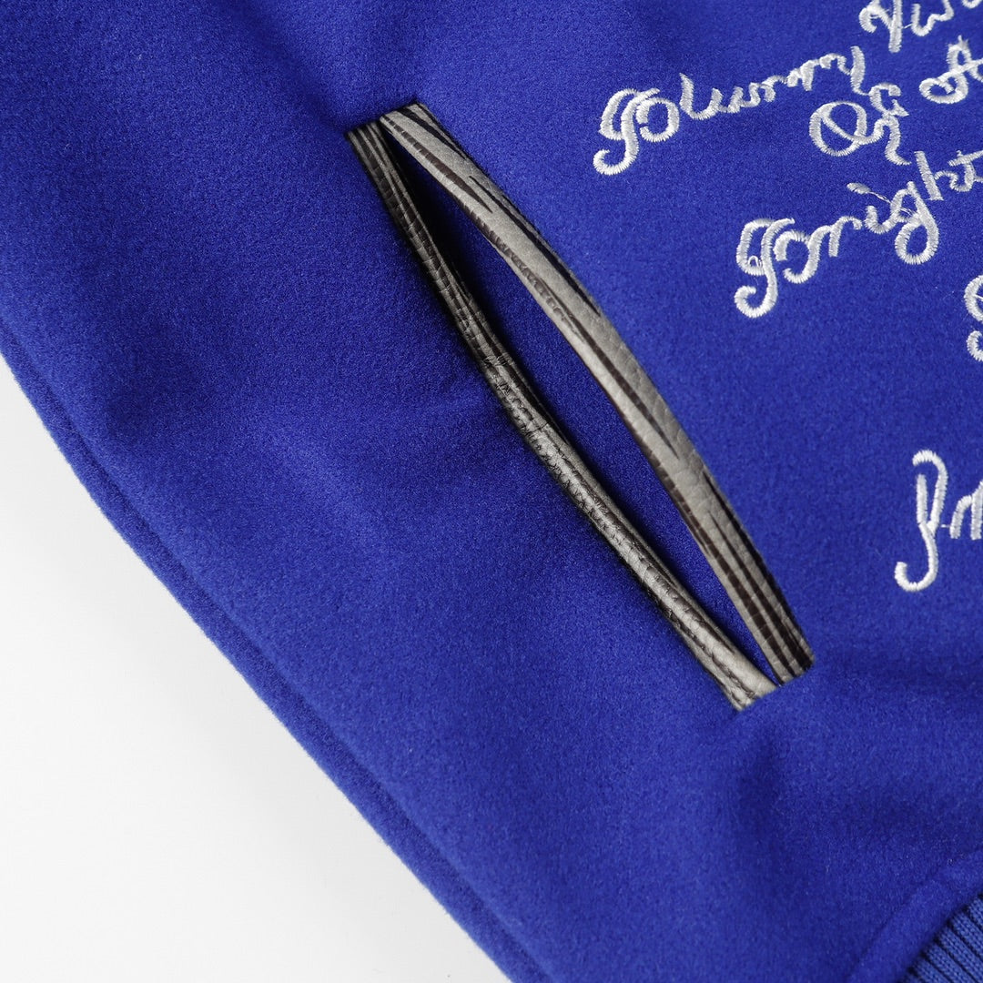 L's A Circular Pattern On The Back With Gray Sleeves Blue Jacket
